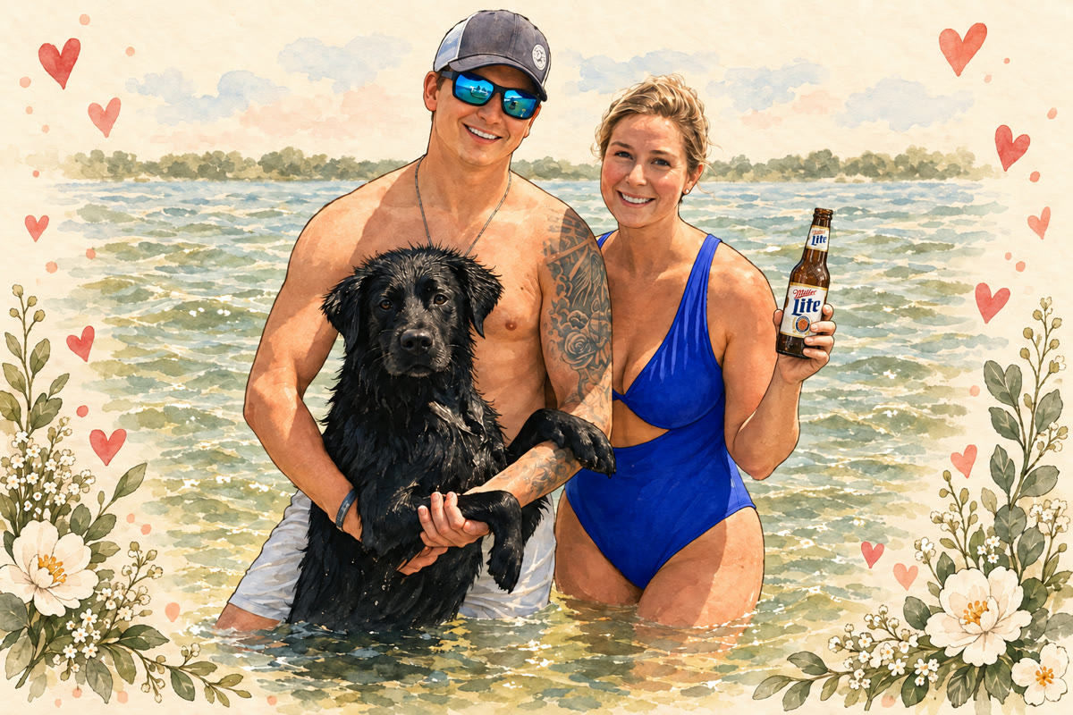 Illustration of Zach and Samantha with their black dog at the lake